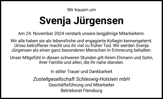 Traueranzeige von Svenja Jürgensen von Husumer Nachrichten, Nordfriesland Tageblatt