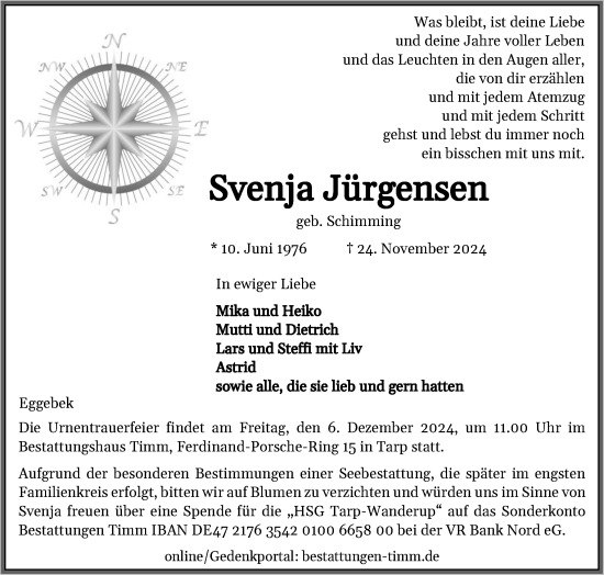Traueranzeige von Svenja Jürgensen von Region Flensburg