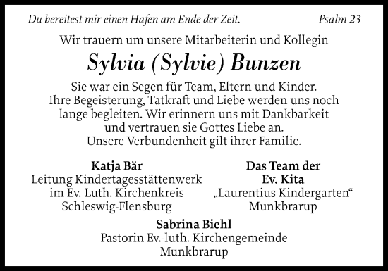 Traueranzeige von Sylvia  Bunzen von Flensburger Tageblatt