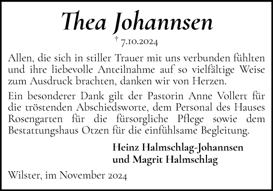 Traueranzeige von Thea Johannsen von Flensburger Tageblatt