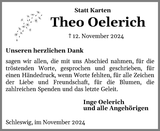 Traueranzeige von Theo Oelerich von Schleswiger Nachrichten, Schlei-Bote