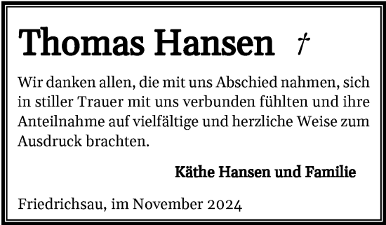Traueranzeige von Thomas Hansen von Schleswiger Nachrichten, Schlei-Bote