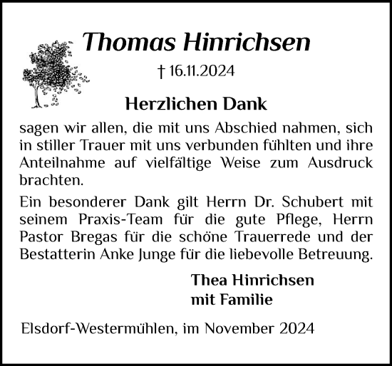 Traueranzeige von Thomas Hinrichsen von Schleswig-Holsteinische Landeszeitung