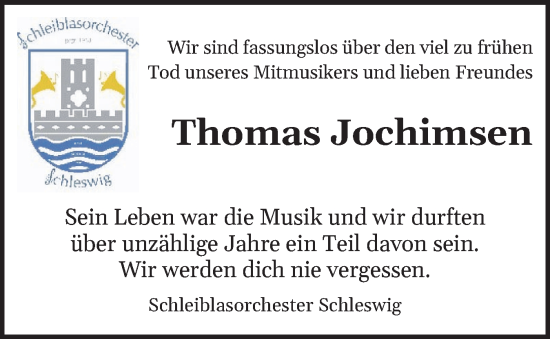 Traueranzeige von Thomas Jochimsen von Schleswiger Nachrichten, Schlei-Bote