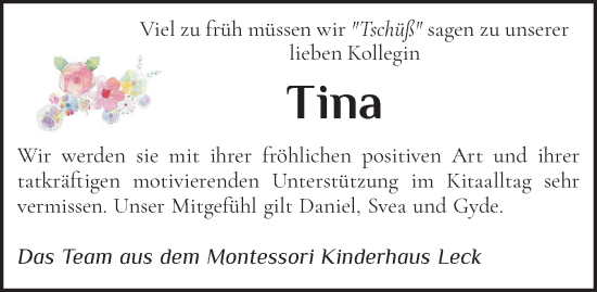 Traueranzeige von Tina  von Region Westküste