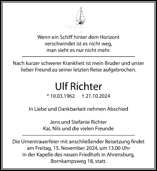 Traueranzeige von Ulf Richter von Stormaner Tageblatt