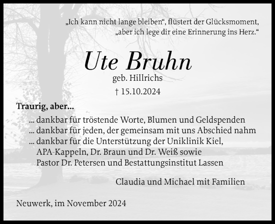 Traueranzeige von Ute Bruhn von Schleswiger Nachrichten, Schlei-Bote