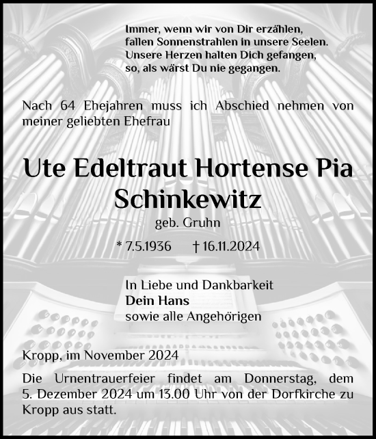 Traueranzeige von Ute Edeltraut Hortense Pia Schinkewitz von Schleswig-Holsteinische Landeszeitung