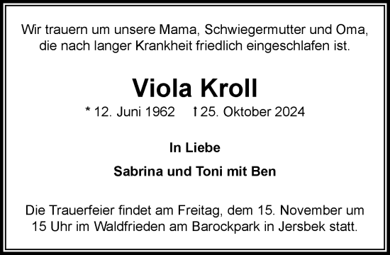 Traueranzeige von Viola Kroll von Stormaner Tageblatt