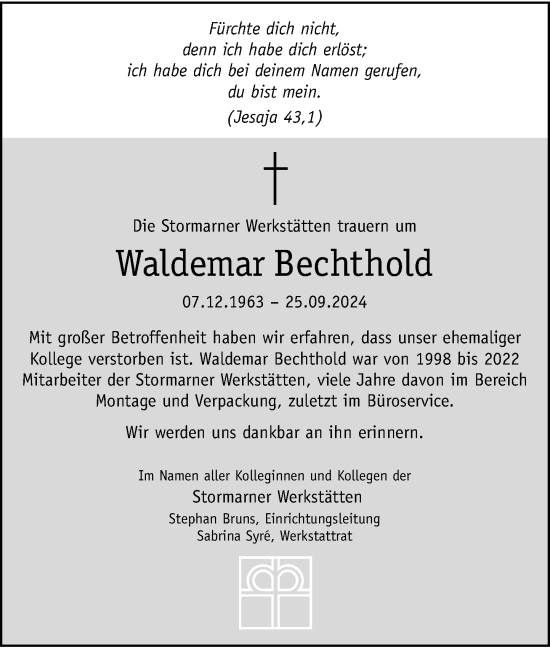 Traueranzeige von Waldemar Bechthold von Stormaner Tageblatt