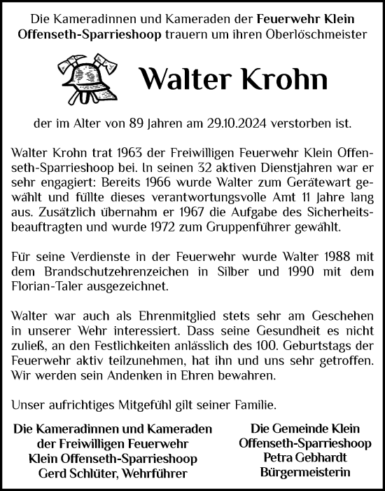 Traueranzeige von Walter Krohn von Elmshorner Nachrichten, Barmstedter Zeitung