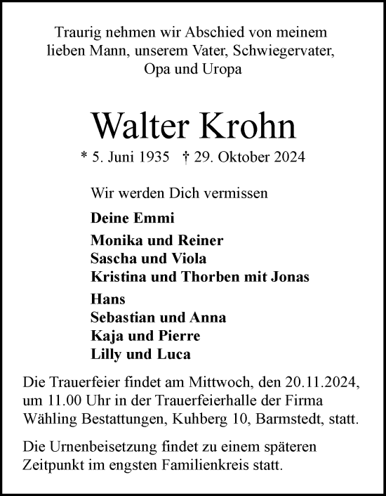 Traueranzeige von Walter Krohn von Elmshorner Nachrichten, Barmstedter Zeitung