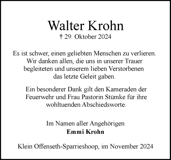Traueranzeige von Walter Krohn von Elmshorner Nachrichten, Barmstedter Zeitung