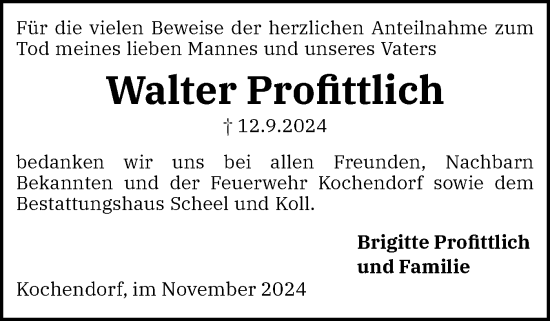 Traueranzeige von Walter Profittlich von Eckernförder Zeitung, Hallo Eckernförde