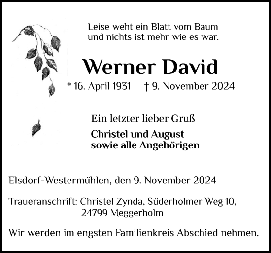Traueranzeige von Werner David von Schleswig-Holsteinische Landeszeitung
