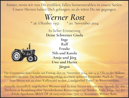 Traueranzeige von Werner Rost von Schleswig-Holsteinische Landeszeitung