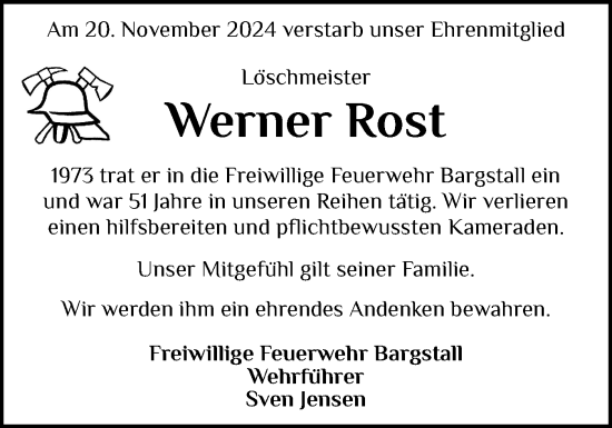 Traueranzeige von Werner Rost von Schleswig-Holsteinische Landeszeitung