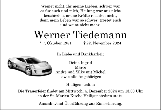 Traueranzeige von Werner Tiedemann von Norddeutsche Rundschau, Wilstersche Zeitung, Glückstädter Fortuna