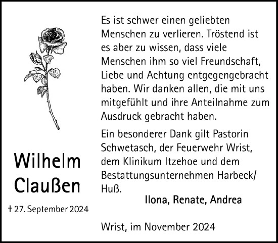 Traueranzeige von Wilhelm Claußen von Norddeutsche Rundschau, Wilstersche Zeitung, Glückstädter Fortuna