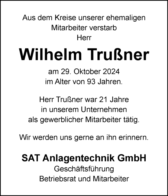 Traueranzeige von Wilhelm Trußner von Husumer Nachrichten, Nordfriesland Tageblatt