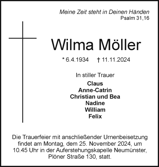 Traueranzeige von Wilma Möller von Holsteinischer Courier