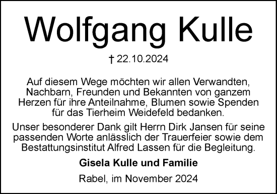 Traueranzeige von Wolfgang Kulle von Schleswiger Nachrichten, Schlei-Bote