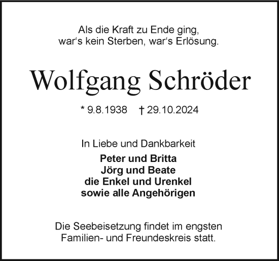 Traueranzeige von Wolfgang Schröder von Holsteinischer Courier