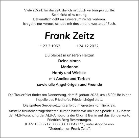Traueranzeige von Frank Zeitz 