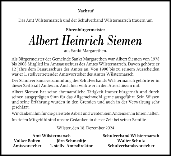 Traueranzeige von Albert Heinrich Siemen von Norddeutsche Rundschau, Wilstersche Zeitung, Glückstädter Fortuna