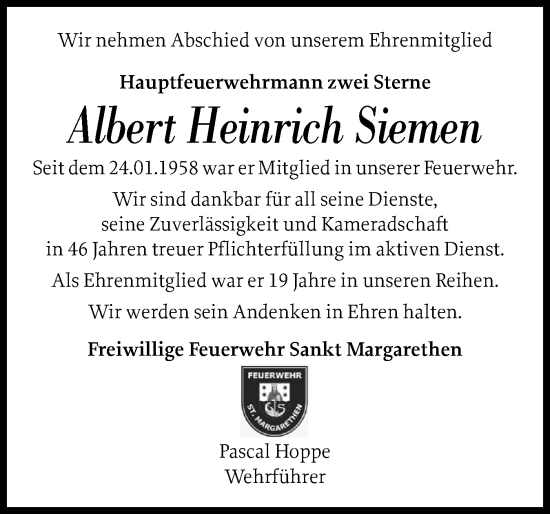 Traueranzeige von Albert Heinrich Siemen von Norddeutsche Rundschau, Wilstersche Zeitung, Glückstädter Fortuna