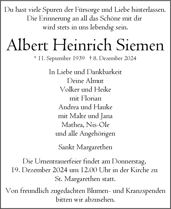 Traueranzeige von Albert Heinrich Siemen von Norddeutsche Rundschau, Wilstersche Zeitung, Glückstädter Fortuna