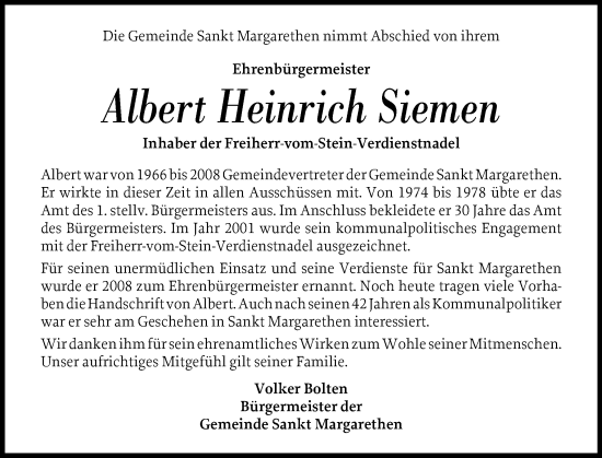 Traueranzeige von Albert Heinrich Siemen von Norddeutsche Rundschau, Wilstersche Zeitung, Glückstädter Fortuna