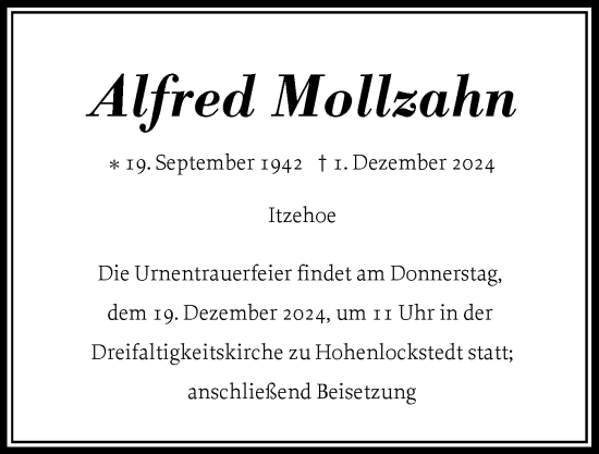 Traueranzeige von Alfred Mollzahn von Norddeutsche Rundschau, Wilstersche Zeitung, Glückstädter Fortuna