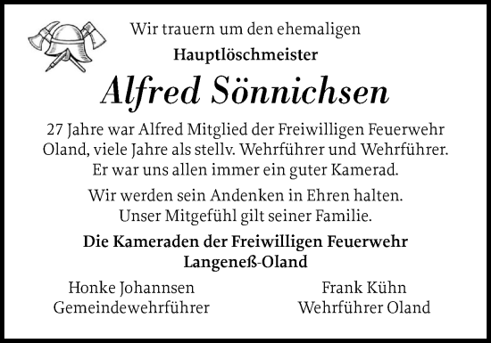 Traueranzeige von Alfred Sönnichsen von Husumer Nachrichten, Nordfriesland Tageblatt