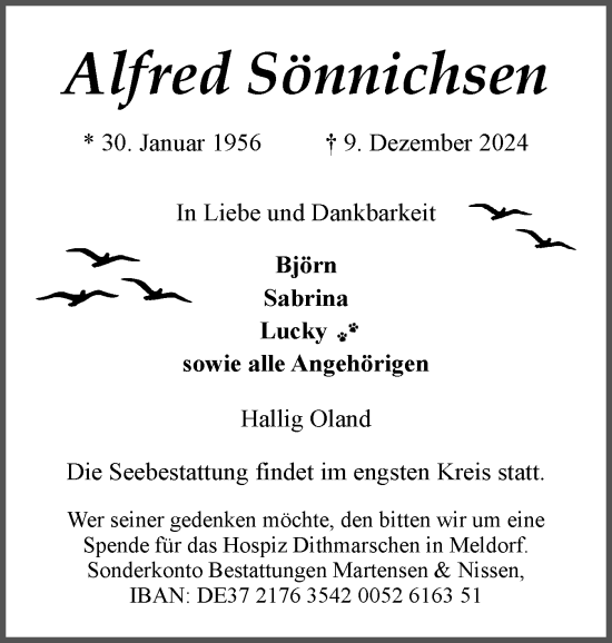 Traueranzeige von Alfred Sönnichsen von Region Westküste