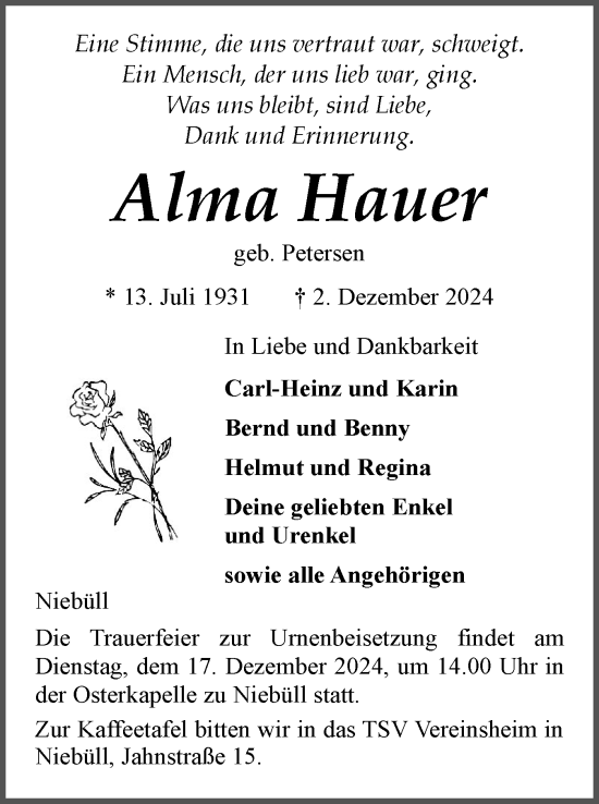Traueranzeige von Alma Hauer von Husumer Nachrichten, Nordfriesland Tageblatt