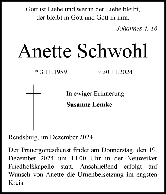 Traueranzeige von Anette Schwohl von Schleswig-Holsteinische Landeszeitung