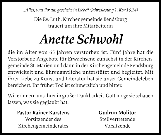 Traueranzeige von Anette Schwohl von Schleswig-Holsteinische Landeszeitung