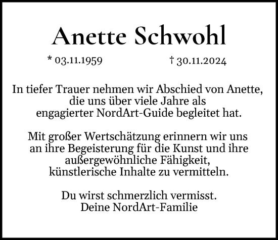 Traueranzeige von Anette Schwohl von Schleswig-Holsteinische Landeszeitung