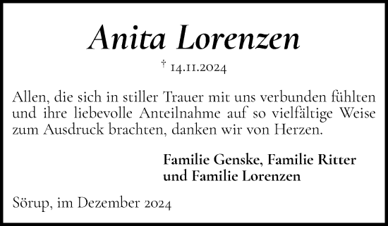 Traueranzeige von Anita Lorenzen von Flensburger Tageblatt
