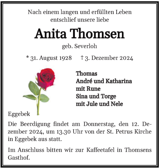 Traueranzeige von Anita Thomsen von Flensburger Tageblatt
