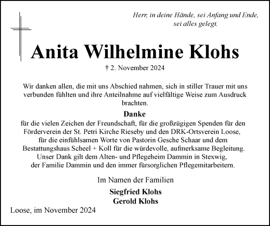 Traueranzeige von Anita Wilhelmine Klohs von Eckernförder Zeitung, Hallo Eckernförde