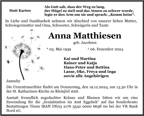 Traueranzeige von Anna Matthiesen von Flensburger Tageblatt, Schleswiger Nachrichten, Schlei-Bote