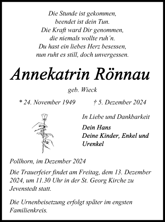 Traueranzeige von Annekatrin Rönnau von Schleswig-Holsteinische Landeszeitung