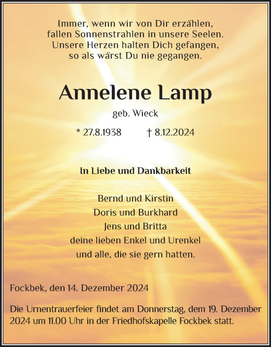 Traueranzeige von Annelene Lamp von Schleswig-Holsteinische Landeszeitung