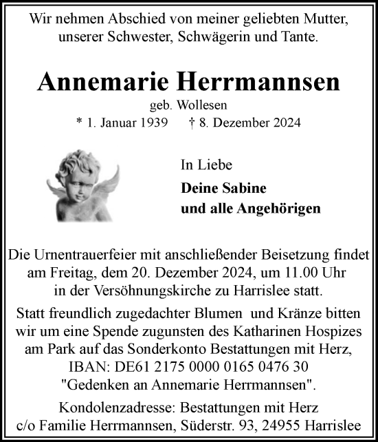 Traueranzeige von Annemarie Herrmannsen von Flensburger Tageblatt