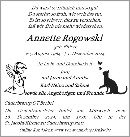 Traueranzeige von Annette Rogowski von Schleswiger Nachrichten, Schlei-Bote