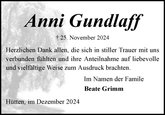 Traueranzeige von Anni Gundlaff von Eckernförder Zeitung, Hallo Eckernförde