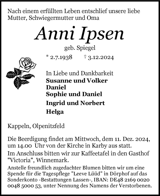 Traueranzeige von Anni Ipsen von Schleswiger Nachrichten, Schlei-Bote