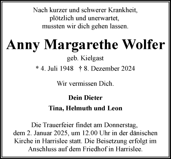 Traueranzeige von Anny Margarethe Wolfer von Flensburger Tageblatt
